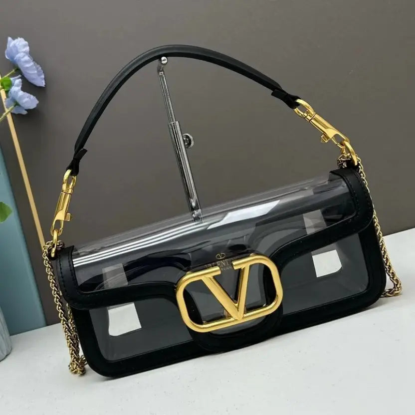 Boutique Level Quality || Valentino Garavani's Transparent Loco Handbag in Black and Gold