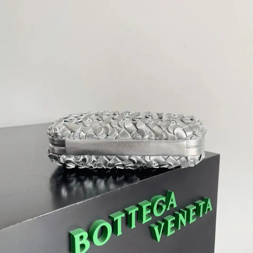 Boutique Quality || Bottega Veneta Knot Minaudiere Clutch Silver Sequins