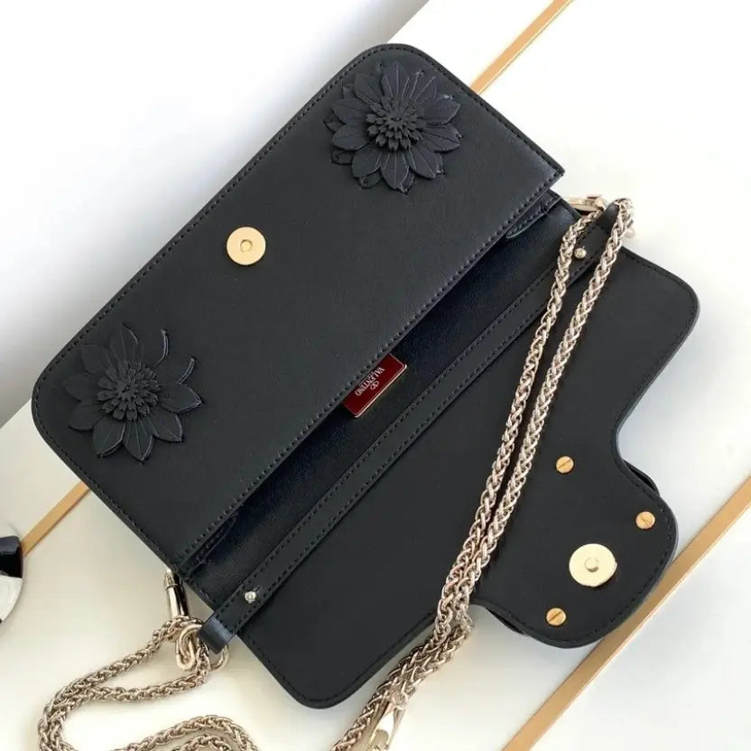 Boutique Level Quality || Valentino Loco Handbag with 3D flower Appliqué and VLogo in Black