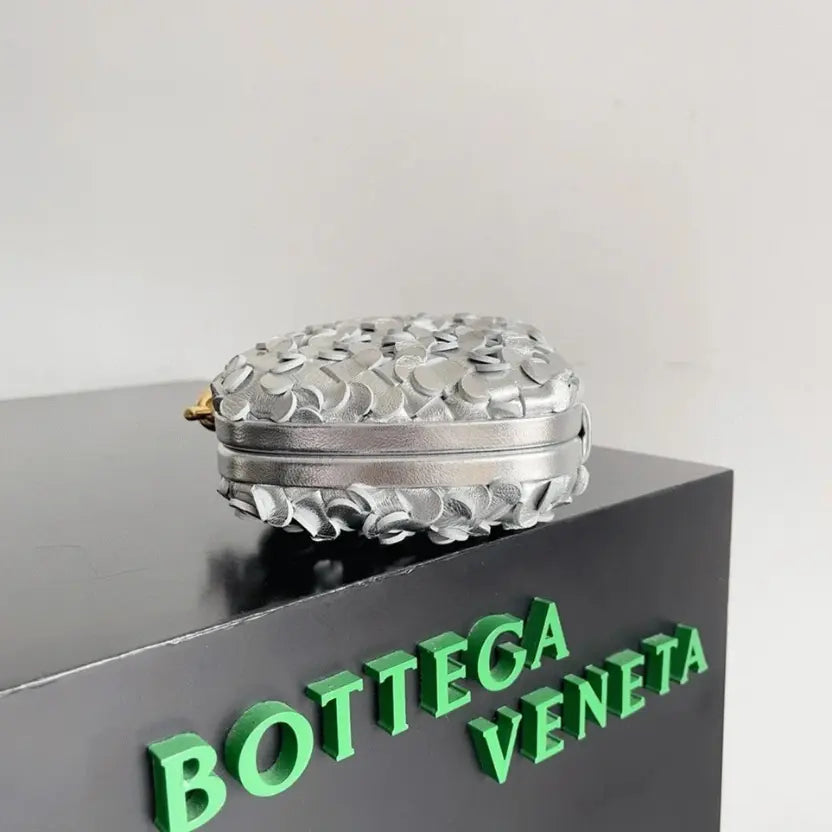 Boutique Quality || Bottega Veneta Knot Minaudiere Clutch Silver Sequins