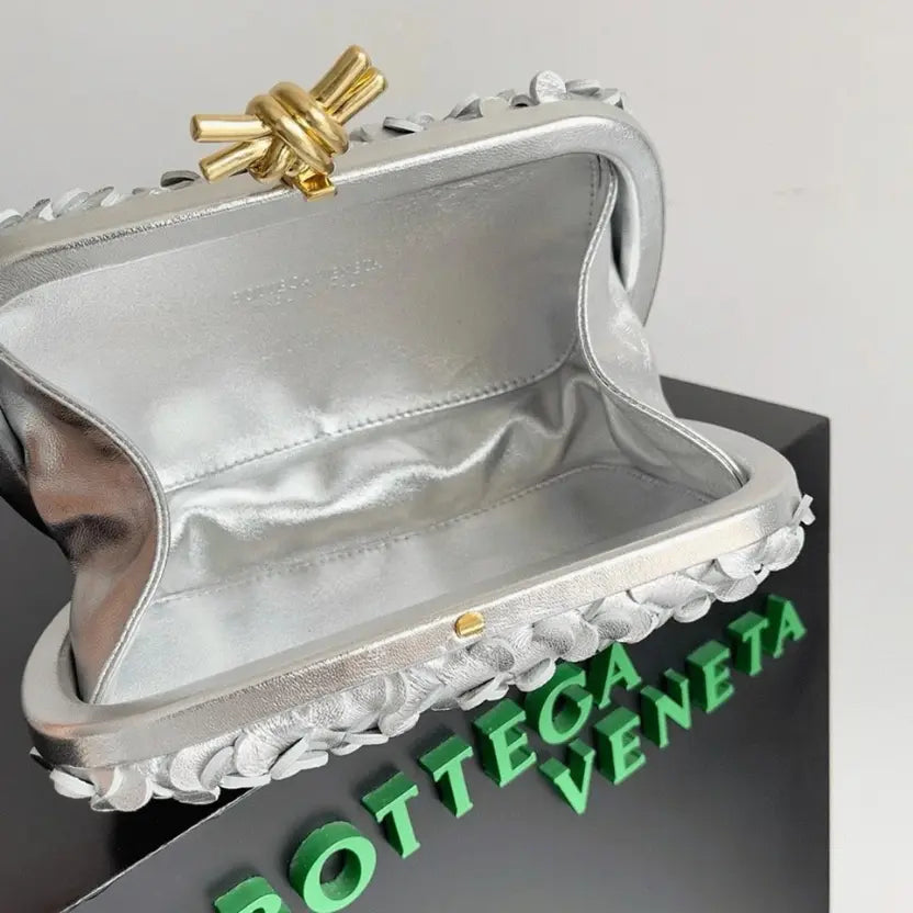 Boutique Quality || Bottega Veneta Knot Minaudiere Clutch Silver Sequins