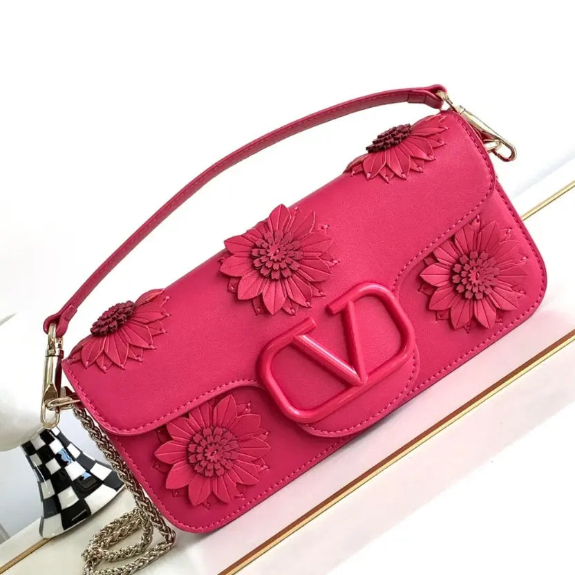 Boutique Level Quality || Valentino Loco Handbag with 3D Flower Appliqué and VLogo in Pink
