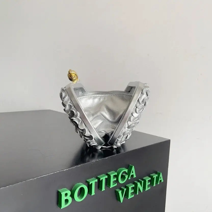 Boutique Quality || Bottega Veneta Knot Minaudiere Clutch Silver Sequins