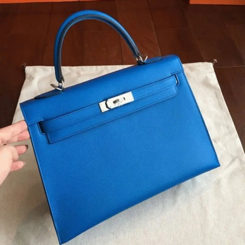 Boutique Quality || Blue Epsom Hermes Kelly 32cm Sellier Fashion Handbag