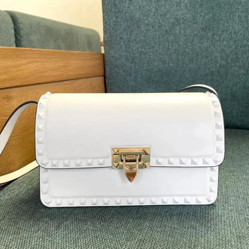 Boutique Level Quality || Valentino Garavani Rockstud23 East-West Shoulder Bag in White