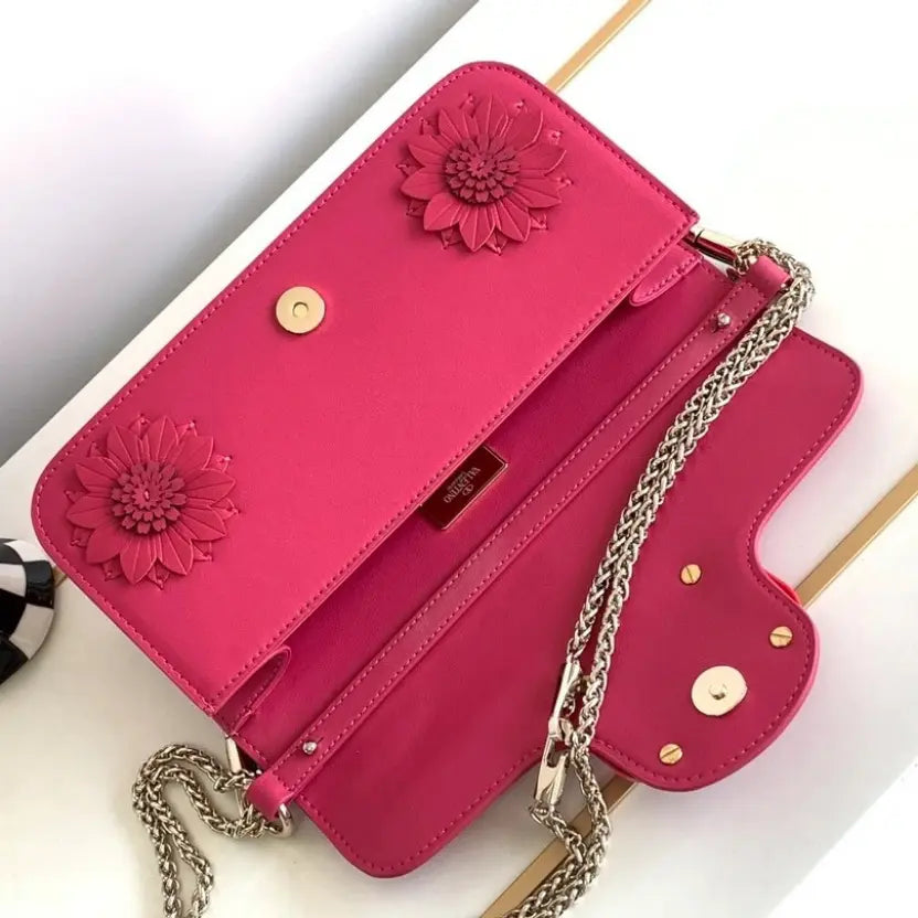 Boutique Level Quality || Valentino Loco Handbag with 3D Flower Appliqué and VLogo in Pink