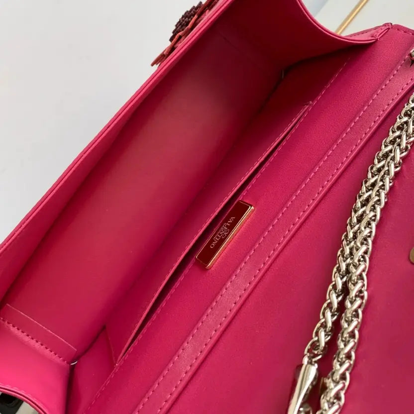 Boutique Level Quality || Valentino Loco Handbag with 3D Flower Appliqué and VLogo in Pink