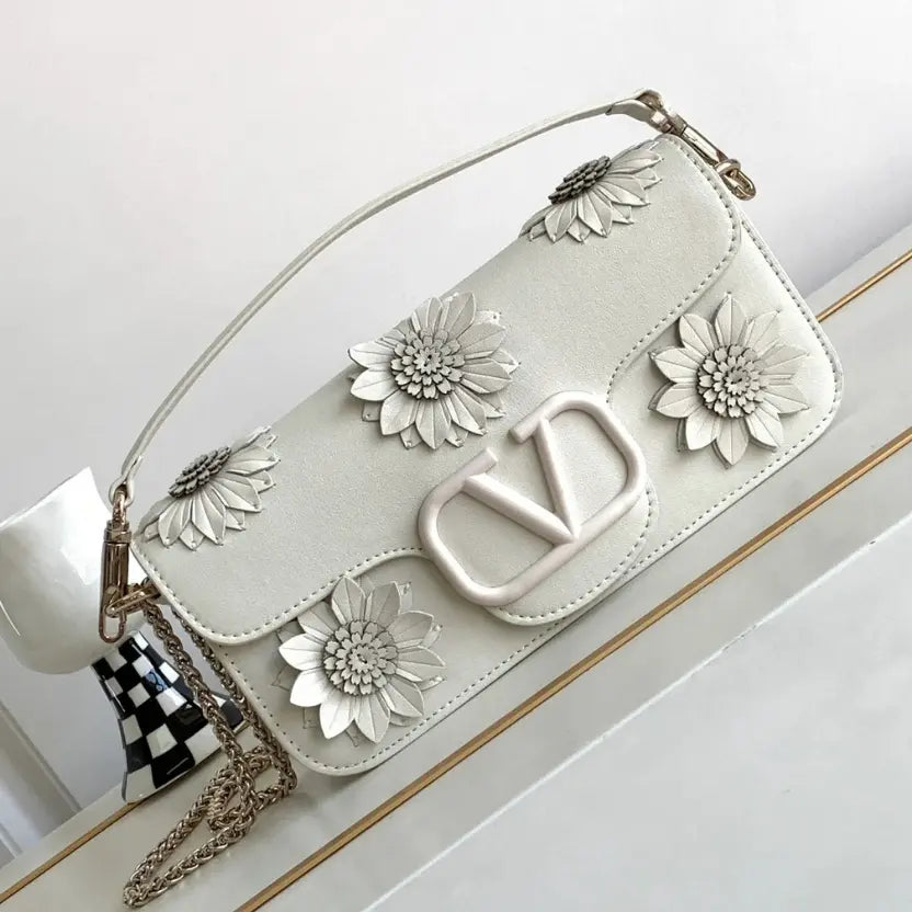 Boutique Level Quality || Valentino Loco Handbag with 3D Flower Appliqué and VLogo in Silver