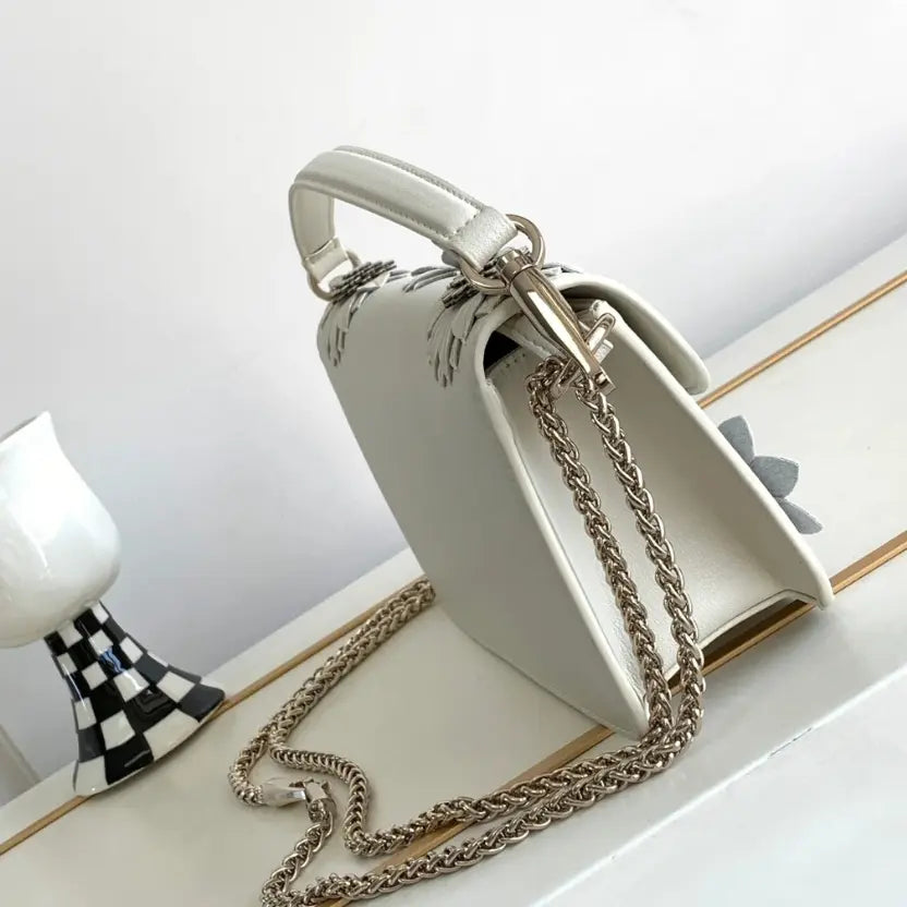 Boutique Level Quality || Valentino Loco Handbag with 3D Flower Appliqué and VLogo in Silver