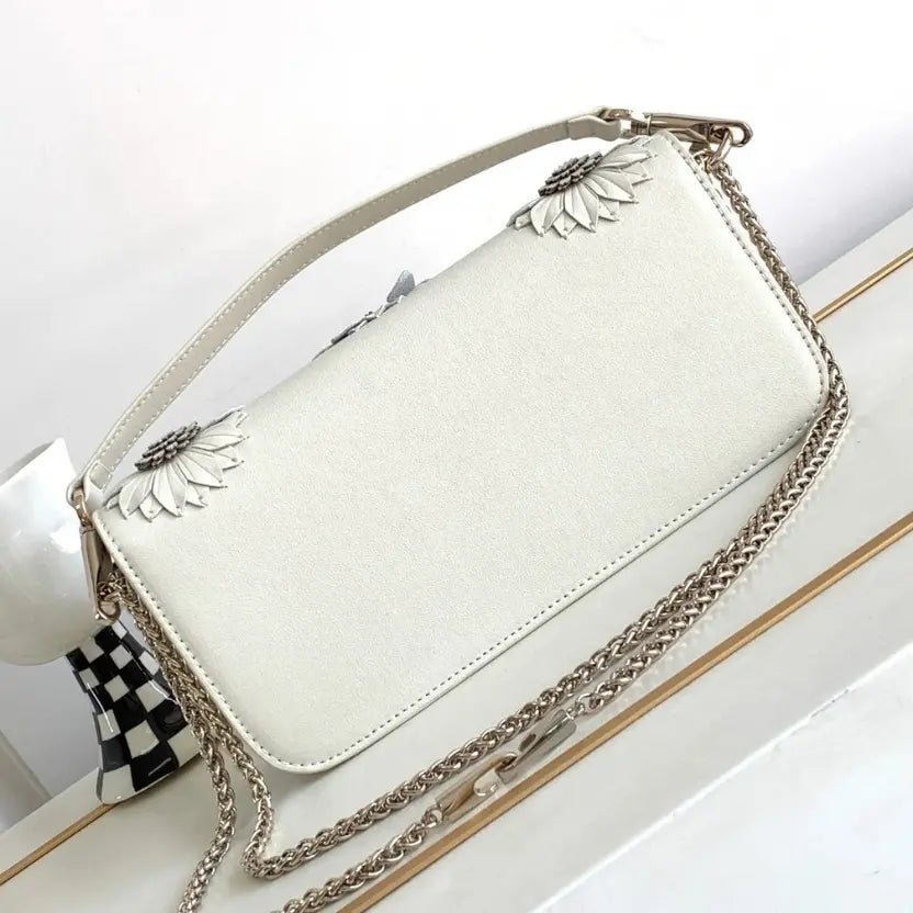 Boutique Level Quality || Valentino Loco Handbag with 3D Flower Appliqué and VLogo in Silver