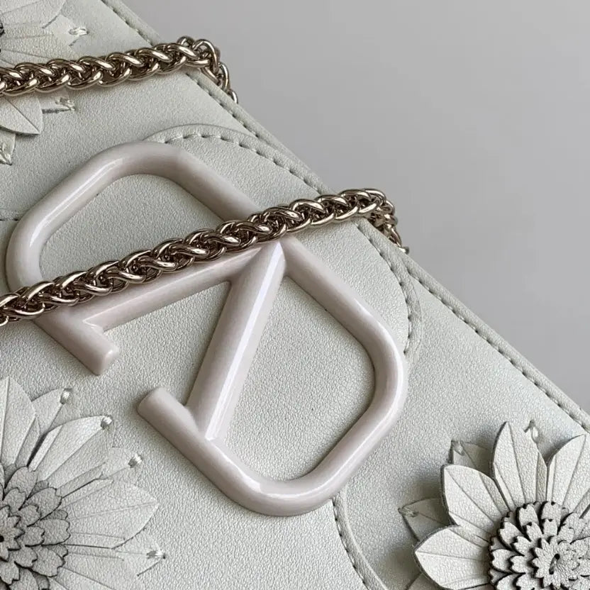 Boutique Level Quality || Valentino Loco Handbag with 3D Flower Appliqué and VLogo in Silver