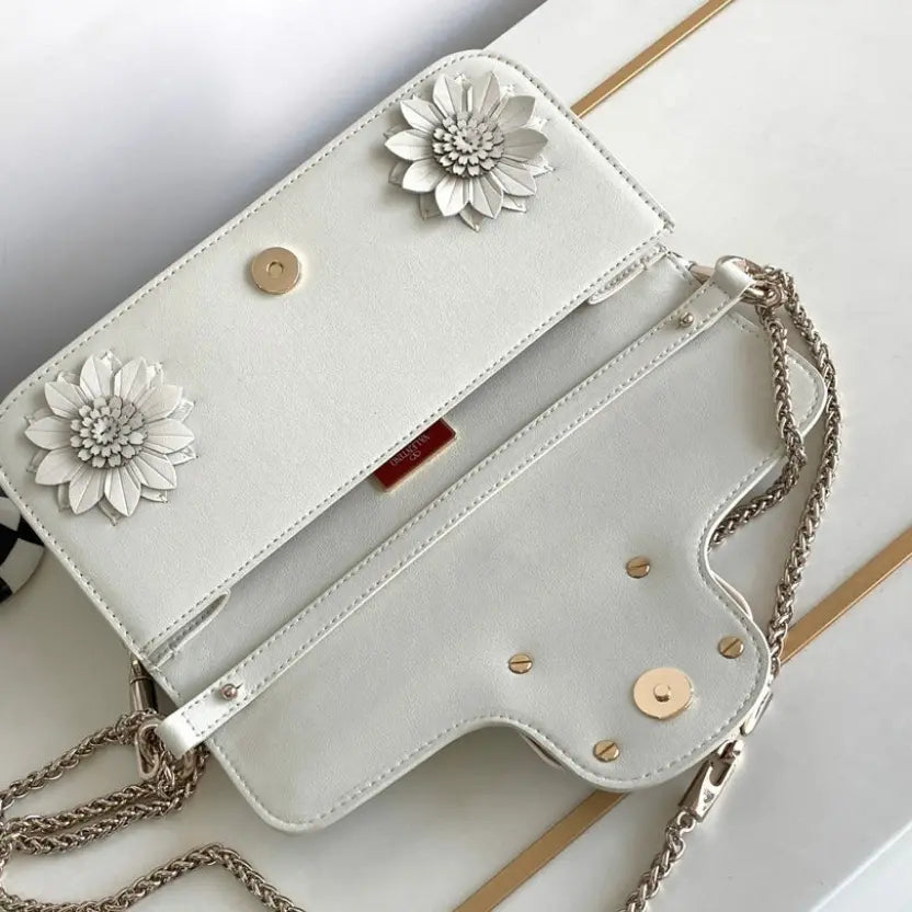 Boutique Level Quality || Valentino Loco Handbag with 3D Flower Appliqué and VLogo in Silver