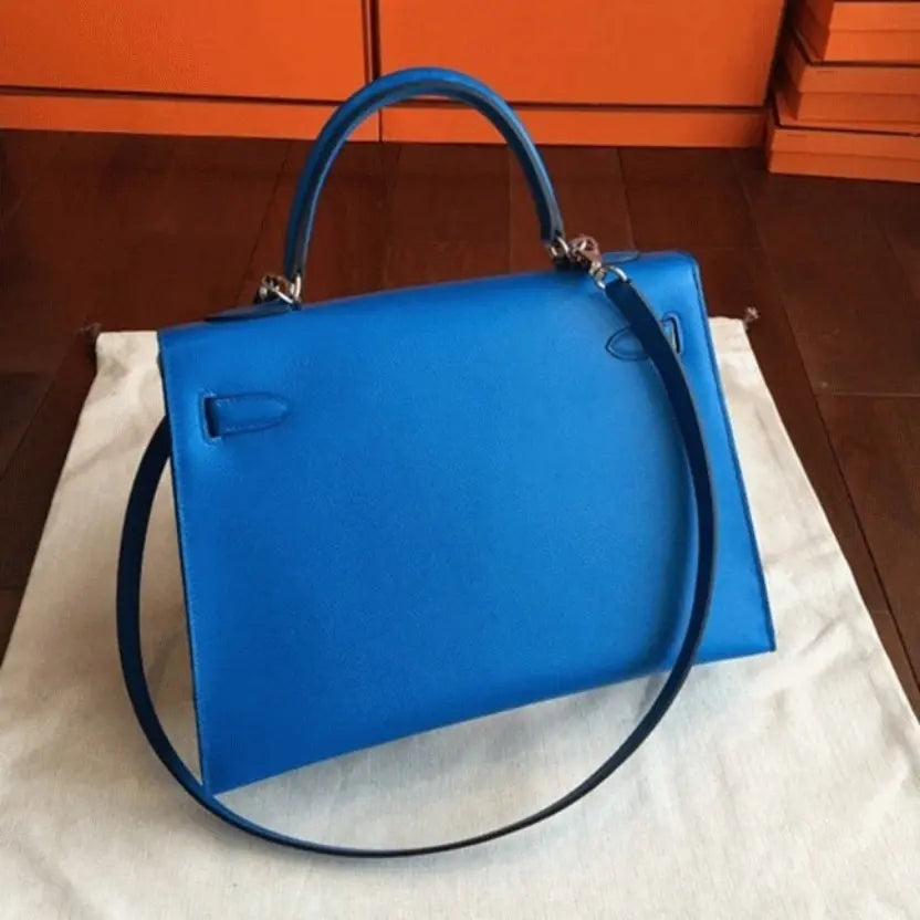 Boutique Quality || Blue Epsom Hermes Kelly 32cm Sellier Fashion Handbag