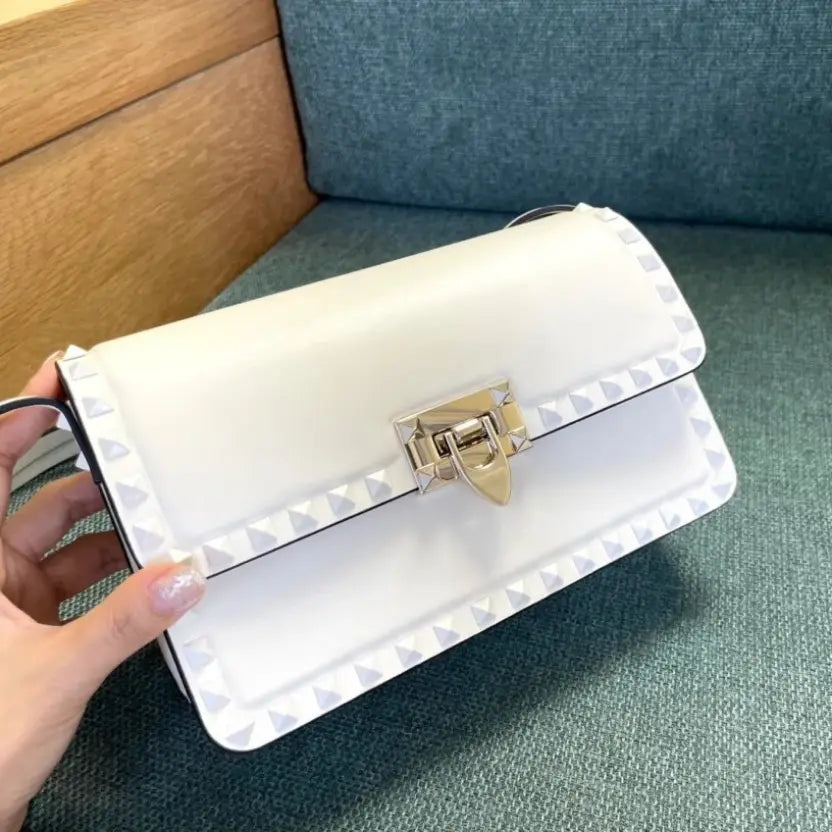 Boutique Level Quality || Valentino Garavani Rockstud23 East-West Shoulder Bag in White