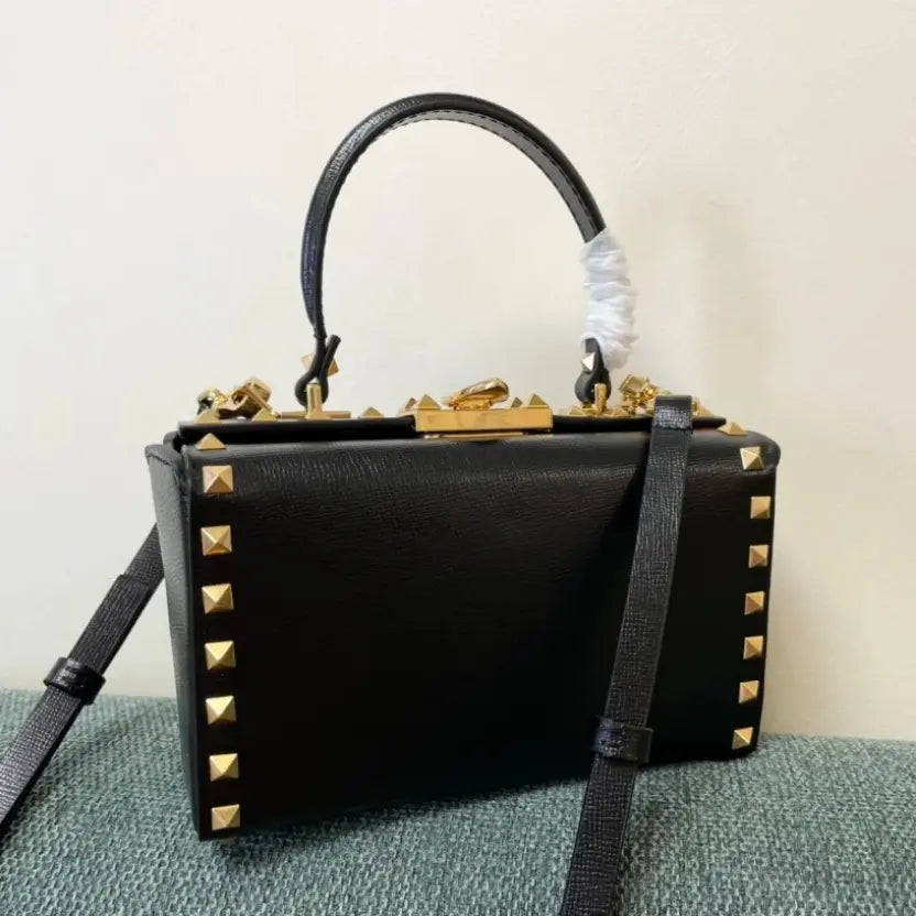 Boutique Level Quality || Valentino Garavani Rockstud Alcove Box Top-Handle Bag in Black