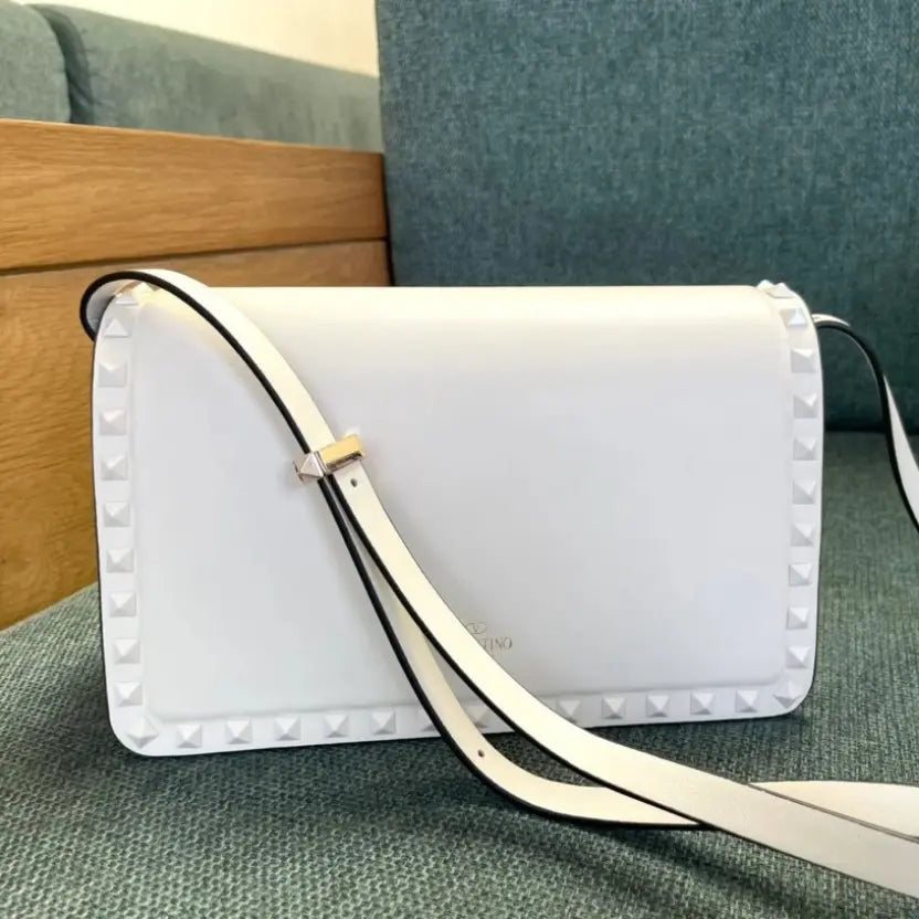 Boutique Level Quality || Valentino Garavani Rockstud23 East-West Shoulder Bag in White