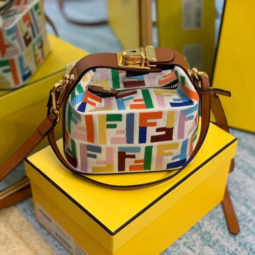 Boutique Quality || Fendi Baguette Mini Bag in Natural-Colored Canvas with Multicolour FF Embroidery